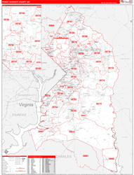 Prince George'sCounty, MD Wall Map Zip Code Red Line Style 2024